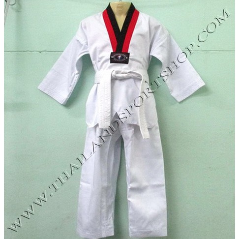 ชุดเทควันโด สกาย sky (ไซค์ 90-150 cm. คอดำ-แดง, ไซค์ 160-190 cm. คอดำ) k+n