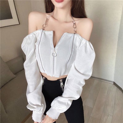 ความนิยมล่าสุด ใหม่สไตล์เกาหลีแขนยาวเล็กเซ็กซี่หนึ่งคอบางพอดีถักเสื้อยืดแฟชั่นตัวสั้น
