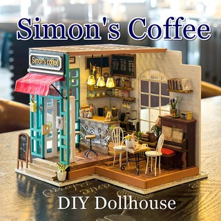 [พร้อมส่ง] โมเดลบ้าน บ้านตุ๊กตาประกอบเอง DIY Robotime DG109 Simons Cafe มีไฟ LED และอุปกรณ์ประกอบครบ