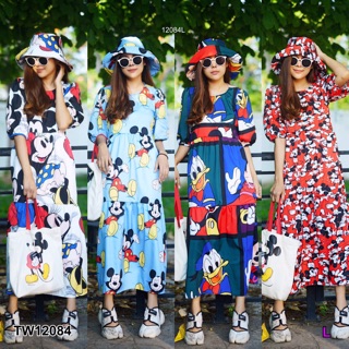 พร้อมส่ง 🔥🔥 เซ็ท Maxi dress แถมหมวก การ์ตูน เดรสยาว มิ้กกี้เม้าส์ โรนัลดัก Mickey Mouse Ronald duck เป็ด ชุดไปทะเล