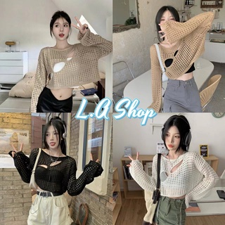 L.A Shop พร้อมส่ง เสื้อครอปแขนยซีทรู ตาข่ายดีเทลเจาะรูหน้าอกเพิ่มความเซ็กซี่ "6Y008/E249" -C