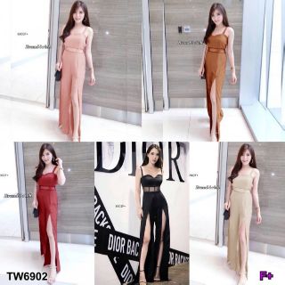 &lt;TW6902&gt;Jumpsuit จั้มสูทสายเดี่ยวขายาว ขากางเกงแต่งแหวก แต่งตาข่ายช่วงเอวแอบเซ็กซี่หน่อยๆ มีซิปหลัง เสริมฟองน้ำตรงอก 