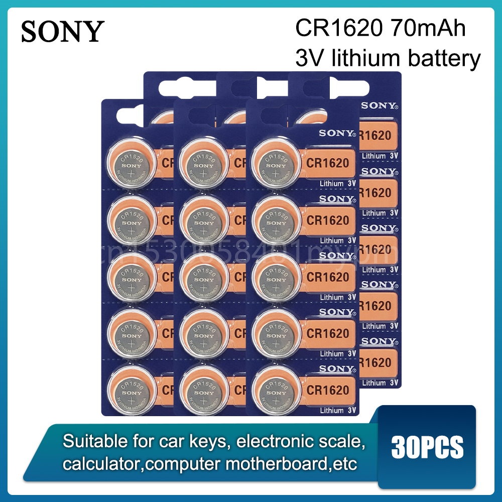 SONY 30Pcs 3V CR1620 Button Cell Batteries 1620 Cr1620 Lithium Part Battery Single Use for Car Key W