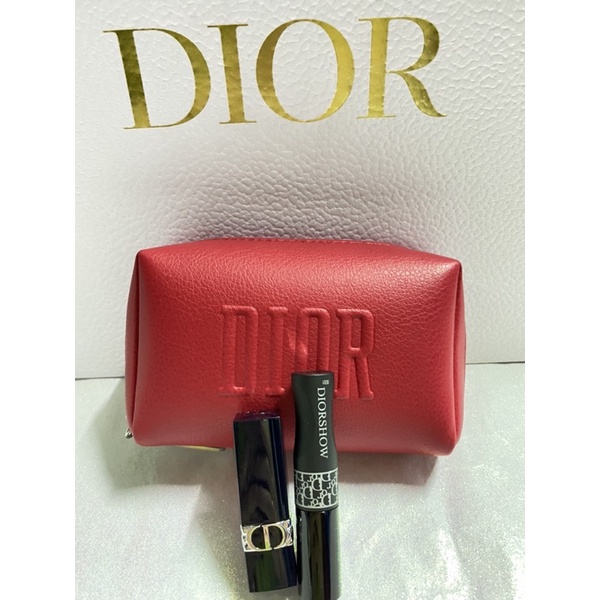 Set กระเป๋าเครื่องสำอางค์ Dior พร้อม Lipstick Rouge Dior 999 VELVET 1.5g, Dior Show Mascara 090 Black Pump 4g แท้ 💯