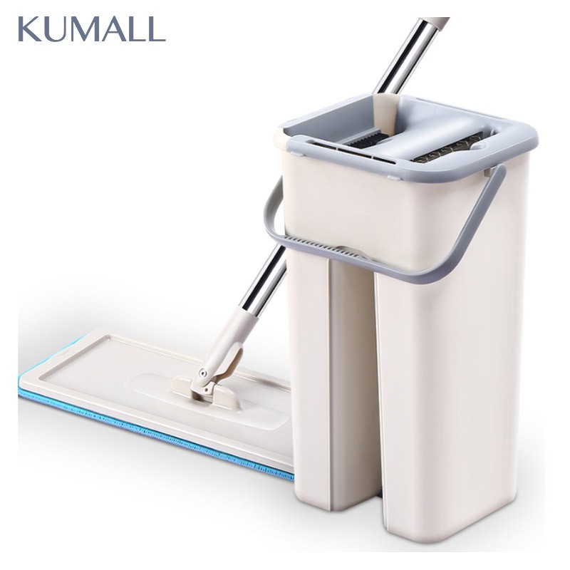 KUMALL รุ่นใหม่ปี 2019 ALLNEW ไม้ถูพื้น ไม่เลอะมือ Flat Mop อัตโนมัติ หมุน ผ้าม๊อบ 2ผืน ล้างและรีดน้