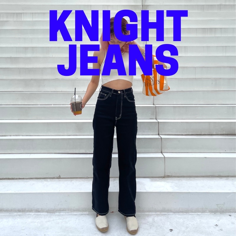 ENDOFMARCH | KNIGHT JEANS กางเกงยีนส์สีดำตัดด้ายสีขาว ผ้ายืด