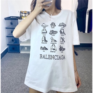 [S-5XL]Balenci&amp;a เสื้อยืดแขนสั้น ผ้าฝ้าย พิมพ์ลายรองเท้ากีฬา พลัสไซซ์ สําหรับผู้ชายและผู้หญิง