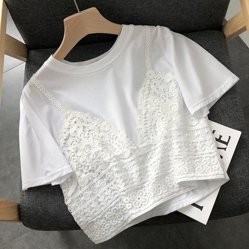 พร้อมส่งจากไทย✅ เสื้อครอป คอกลม แขนสั้น แต่งลูกไม้