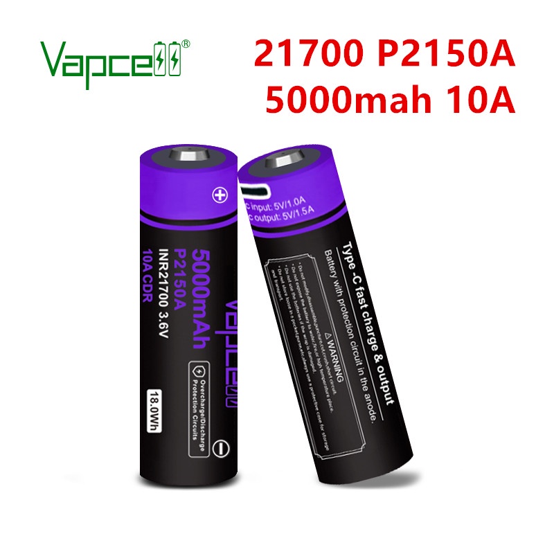 Vapcell 21700  P2150A 5000mah 10A Button Top Li Ion Battery 3.7V Type-c Fast Charge Rechargeable Cel