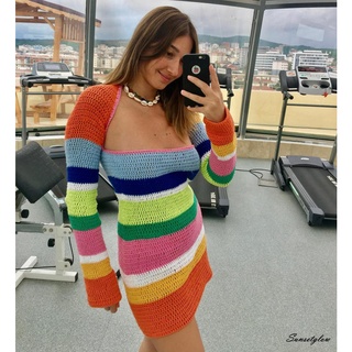 S-G/Women Y2K Boho Colorful Knitted Dress Lady Low Cut Sqare Collar Mini Dress Vintage Beach Holiday Streetwear