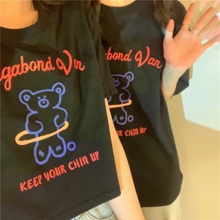 ✨Fairy style✨ เสื้อยืด พิมพ์ลายน้องหมี ครอปเอวลอทรงสวย สไตล์เกาหลี มีให้เลือก2แบบ🐼 #9350-9351