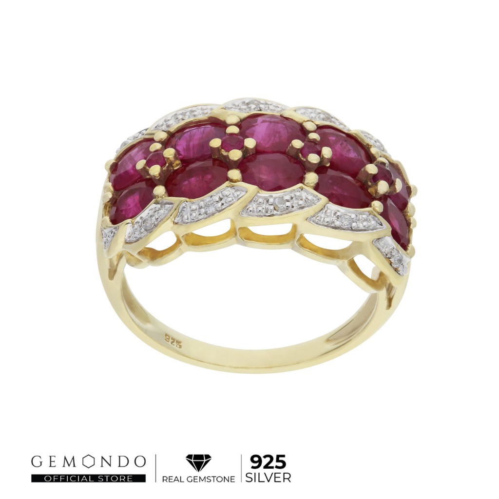Gemondo แหวนเงินแท้ 925 ชุบทอง 18K ประดับทับทิม (Ruby) และเพทาย (Zircon) เหมาะสำหรับใส่ออกงาน : แหวนพลอย แหวนทับทิม