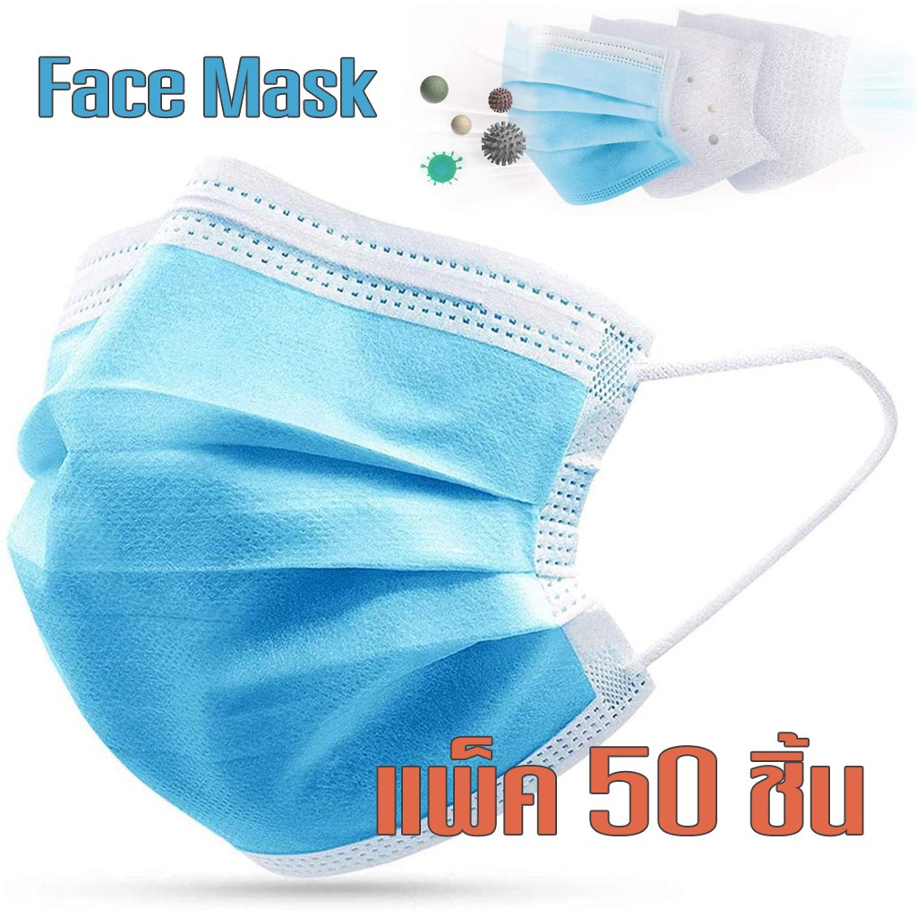 Face Mask  ผ้าปิดจมูก หน้ากากอนามัย มีให้เลือก 2แบบ สีฟ้าหนา3ชั้นแพ็ค50ชิ้น / สีขาวทรงเกาหลี3Dแพ็ค 1ชิ้น