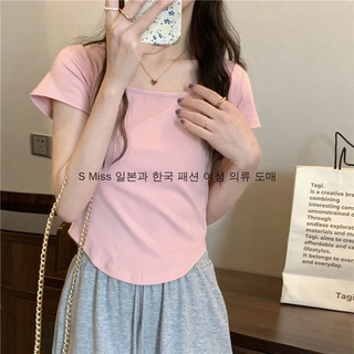 【  S miss pre sale 】 Square neck T-shirt womens summer and Korean 2022 new slim irregular T-Shirt Top