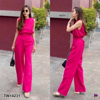 TW14231-set3ชิ้น เสื้อคอกลม แขนกุด กับกางเกงขายาว มาพร้อมเข็มขัดเข้าเซต หัวเข็มขัดปั้มเนื้อผ้าเดียวกับชุด เนื้อผ้าล