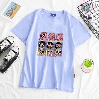 เสื้อยืดครอป เสื้อยืดคอกลม แขนสั้น ผ้าฝ้าย ลายการ์ตูน Powerpuff สไตล์เกาหลี สําหรับผู้หญิง