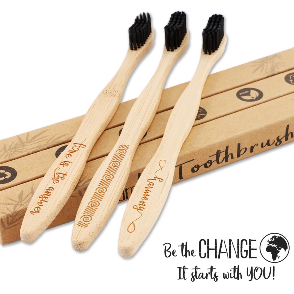 [เซท3ชิ้น] แปรงฟัน ด้ามไม้ไผ่ Be the Change ปลอดสารเคมี สารฟอกสี ขนแปรงนุ่ม Medium แปรงสีฟัน