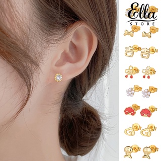 Ellastore123 ต่างหูสตั๊ด ทองแดง ประดับโบว์ พลอยเทียม ของขวัญวันเกิด สําหรับผู้ชาย ผู้หญิง 1 คู่