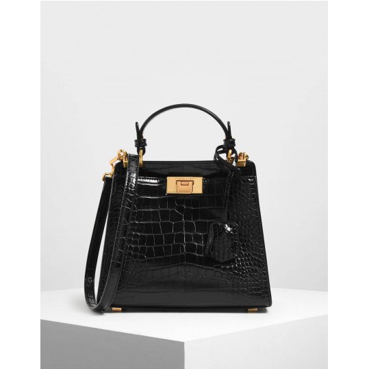 CHARLES & KEITH กระเป๋าสะพาย รุ่น CROC-EFFECT ANGULAR HANDBAG ของแท้100% *ไม่ใช่งาน outlet*