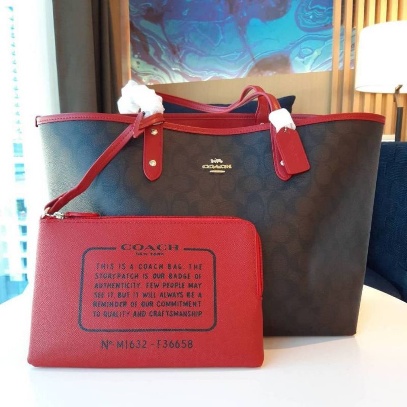 ส่งฟรี🔥กระเป๋าถือ ทรง tote Coach แท้💯 สีแดง น้ำตาลเข้ม รุ่นขายดี มีใบเล็ก ใช้สลับด้านได้ ผู้หญิง กระ