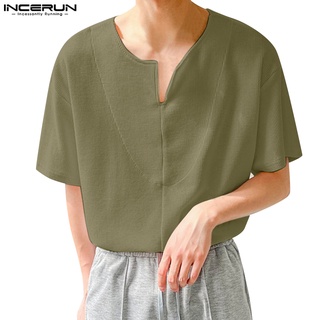 Incerun เสื้อยืดลําลอง แขนสั้น คอวี ทรงหลวม สีพื้น สําหรับผู้ชาย