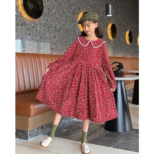 เดรสลายดอก คอบัว สีเลือดหมู / E77 / 580