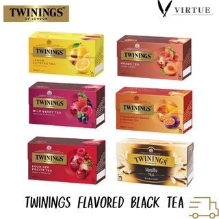 ทไวนิงส์ Twinings Flavoured Black Tea (ชนิดซอง 2 กรัม แพ็ค 25 ซอง) Lemon, Peach, Vanilla, Wild Berry, 4 red fruits,Mango