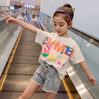 🎐Mykids🎀หญิงเสื้อยืดแขนสั้น 2021 เด็กใหม่สไตล์เกาหลี Western ครึ่งแขนใหญ่เสื้อผ้าเด็กแฟชั่นพิมพ์เสื้อแขนสั้น