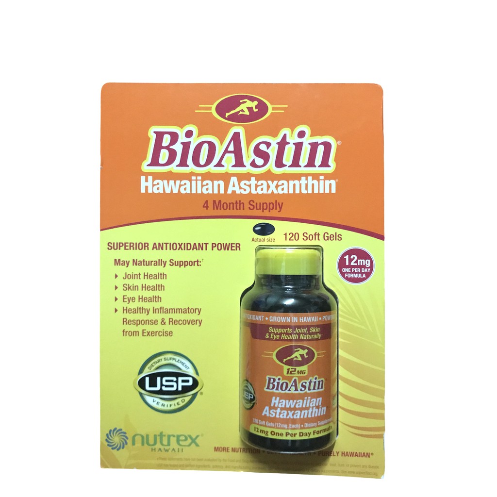 BioAstin ขวดใหญ่ 120เม็ด  BioAstin Hawaiian Astaxanthin สาหร่ายแดง 12mg 120เม็ด ช่วยบำรุงข้อต่อ ผิวและตา จาก US
