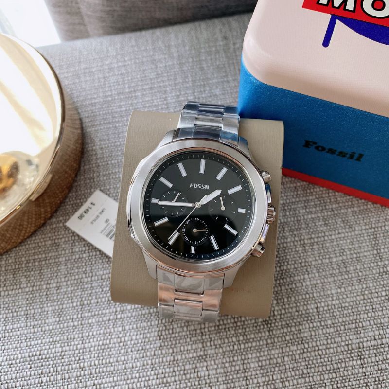 🎀 (สด-ผ่อน) นาฬิกา สีเงิน หน้าปัดดำ 45mm BQ2589 กล่องแบรนด์ Fossil Windfield Multifunction Stainless Steel Watch