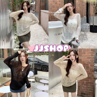 JJ shop 💜พร้อมส่ง เสื้อไหมพรมแบบถัก แขนยาวซีทรูมีเชือกผูกด้านหน้า "2119-1"