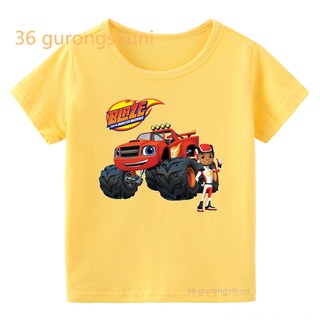 เสื้อยืด พิมพ์ลายการ์ตูนมอนสเตอร์ Blaze And The Monster Machines สีเหลือง สําหรับเด็กผู้ชาย ผู้หญิง