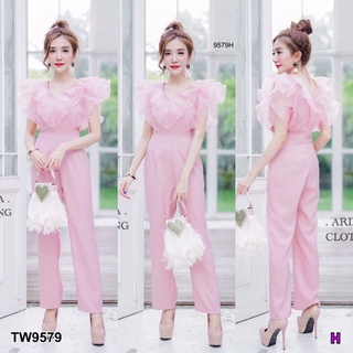 SK9579 Jumpsuit จั๊มขายาวคอวีลึกกำลังดีผ้าซาร่า แต่งระบายผ้าแก้วซีทรูฟรุ้งฟริ้ง งานสวยมากก ไฮคราส  สีสุภาพ