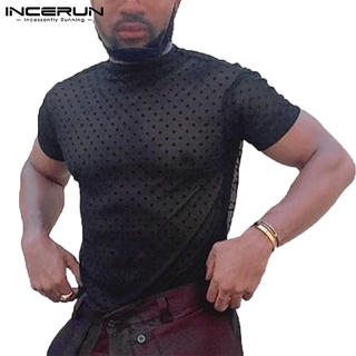 Incerun เสื้อคอกลม แขนสั้น ลายจุด ซีทรู แฟชั่นสําหรับผู้ชาย