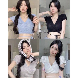 *88919*เสื้อไหมพรมแขนสั้นสายผูกเอวลอย เซ็กซี่ค่ะ