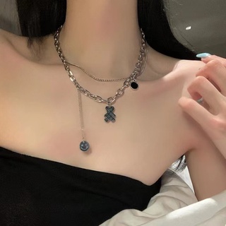 สร้อยคอโซ่ จี้รูปหมีน่ารัก สองชั้น เข้ากับทุกการแต่งกาย สไตล์ฮิปฮอป เรียบง่าย สําหรับผู้หญิง