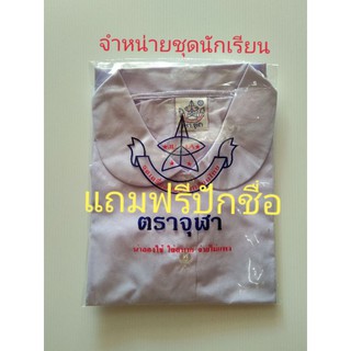 เสื้อนักเรียนคอบัว แขนสั้น ผ่าตลอด มีกระเป๋าหน้า