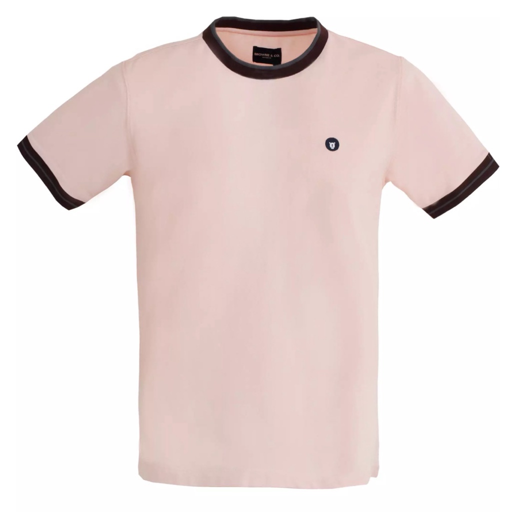 BROWNE & CO. เสื้อยืด คอตตอน สีชมพู คอ แขน ตัดต่อผ้าทอ รุ่น TPT006-1-PI