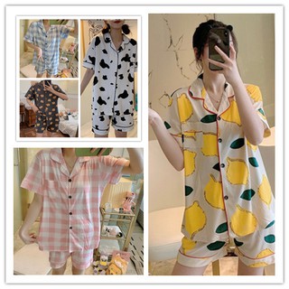 ชุดนอนสตรีผ้าคอตตอนลายสก๊อต，เสื้อเชิ้ต + ขาสั้น，9 สี