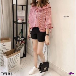 TW5164 เสื้อเชิ้ตทรงปาดไหล่+ขาสั้น