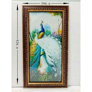 ภาพมงคล กรอบรูปนกยูง ขนาดใหญ่กว้าง 34 cm ยาว 62cmพร้อมกรอบไม้โพลีสีทอง กรอบรูปมงคล นกยูง