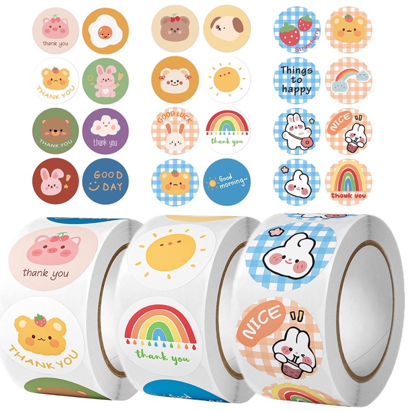 สติ๊กเกอร์ Thank you สติ๊กเกอร์ขอบคุณลายน่ารัก 500 ดวง สติ๊กเกอร์วงกลม