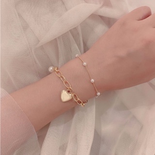 สร้อยข้อมือเลเยอร์ไข่มุก Heart &amp; Faux Pearl Decor Layered Bracelet