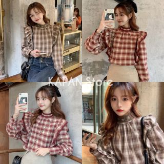 KAPAN 🌸พร้อมส่ง🌸 เสื้อแขนยาว ลายสก็อต Western style มี2สี แดง,กาแฟ ฟรีไซส์ น่ารักหวานๆ KP56