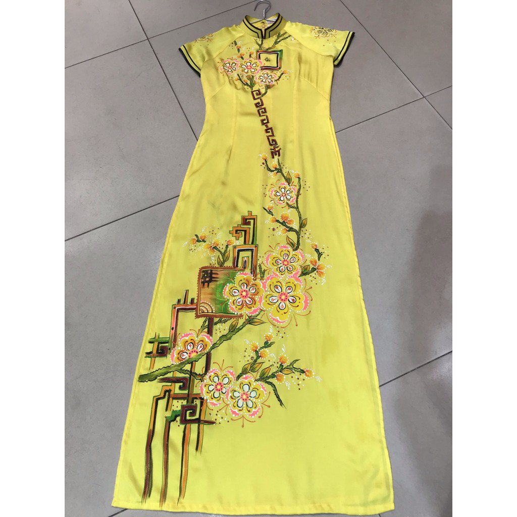 ผ้าไหมไทยต้วน ao dai ไซส์ M สีเหลือง คอปก 3cm แขนสั้น ราคาถูก ao dai clearance