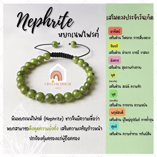 หินมงคล หินหยกเนฟไฟรต์ หินหยกแคนาดา ร้อยข้อมือเชือก ปรับขนาด ขนาด 6 มิล สร้อยหินมงคล หินนำโชค กำไลหิน หินสีเขียว