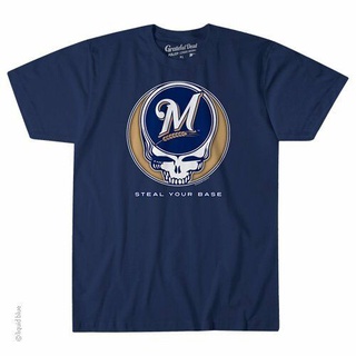 เสื้อยืดผ้าฝ้ายพิมพ์ลายขายดีมาใหม่ เสื้อยืด ผ้าฝ้าย 100% พิมพ์ลายโลมา Milwaukee Brewers-Steal Your Base-summer Essential