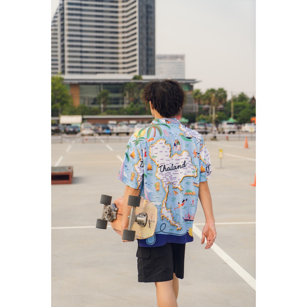 เสื้อฮาวาย ลายประเทศไทย แบรนด์ Windwear ผ้าเรยอน Aloha Discovery Thailand ไทยเที่ยวไทย สีน้ำเงิน ราคา ถูกที่สุด ดีลบีเคเค แกลเลอรีภาพที่ 3