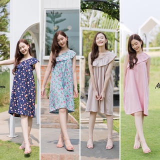 เดรสสายเดี่ยว ขอบระบายเฉียง ผ้าไหมอิตาลี Flower Summer Dress เรียบ เก๋