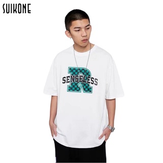 Suikone เสื้อยืดแขนสั้นผู้ชายฤดูร้อนแนวโน้มแฟชั่นนักเรียนคู่ท็อปส์คอกลมรูปแบบตัวอักษรลำลองแขนสั้นอเนกประสงค์